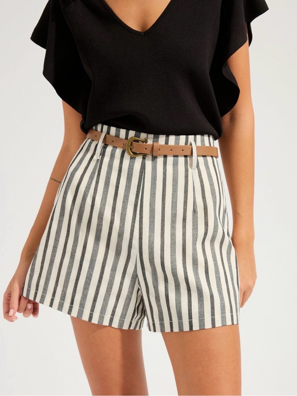 Commense Striped Cotton Linen Shorts With Belt